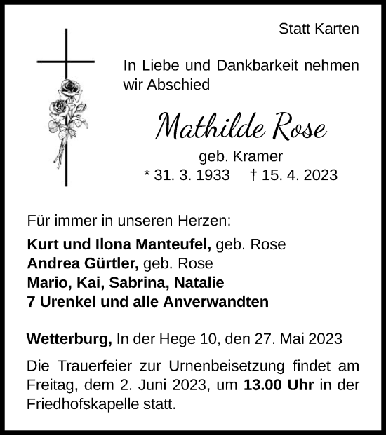 Traueranzeige von Mathilde Rose von WLZ