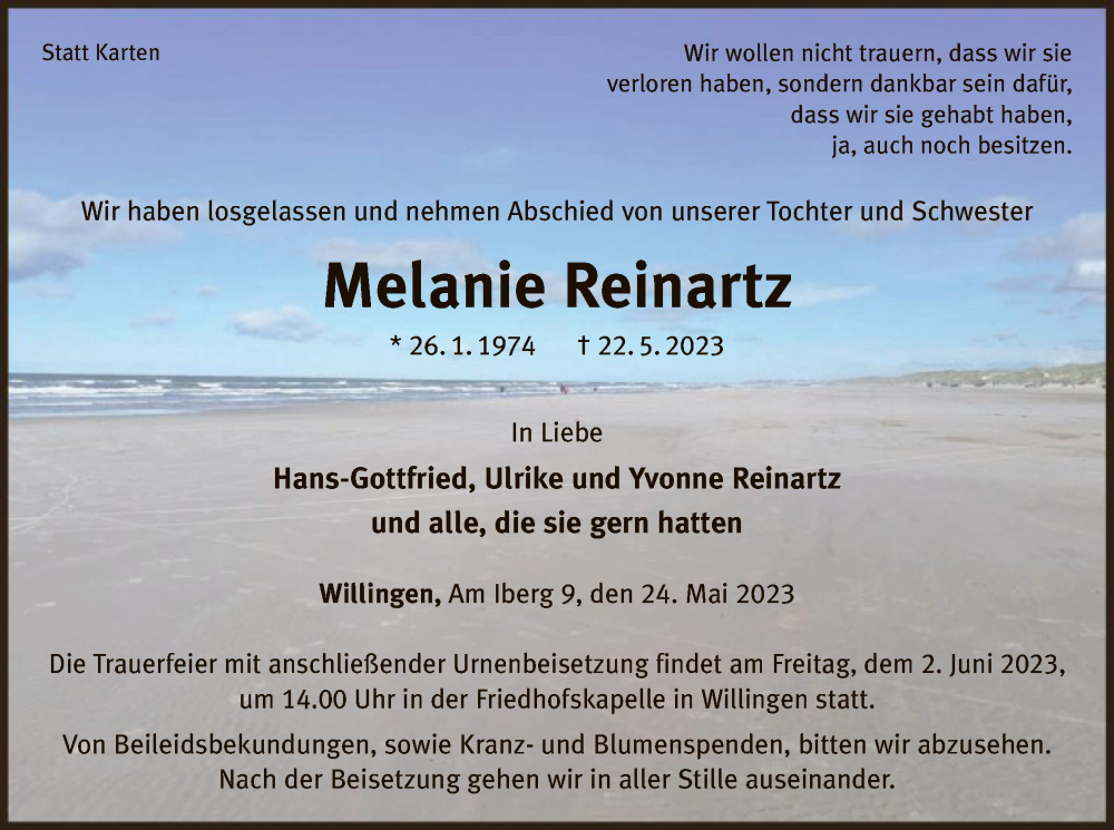 Traueranzeige für Melanie Reinartz vom 24.05.2023 aus WLZ