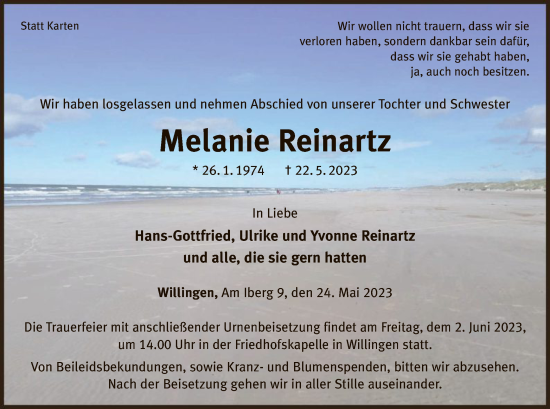 Traueranzeige von Melanie Reinartz von WLZ