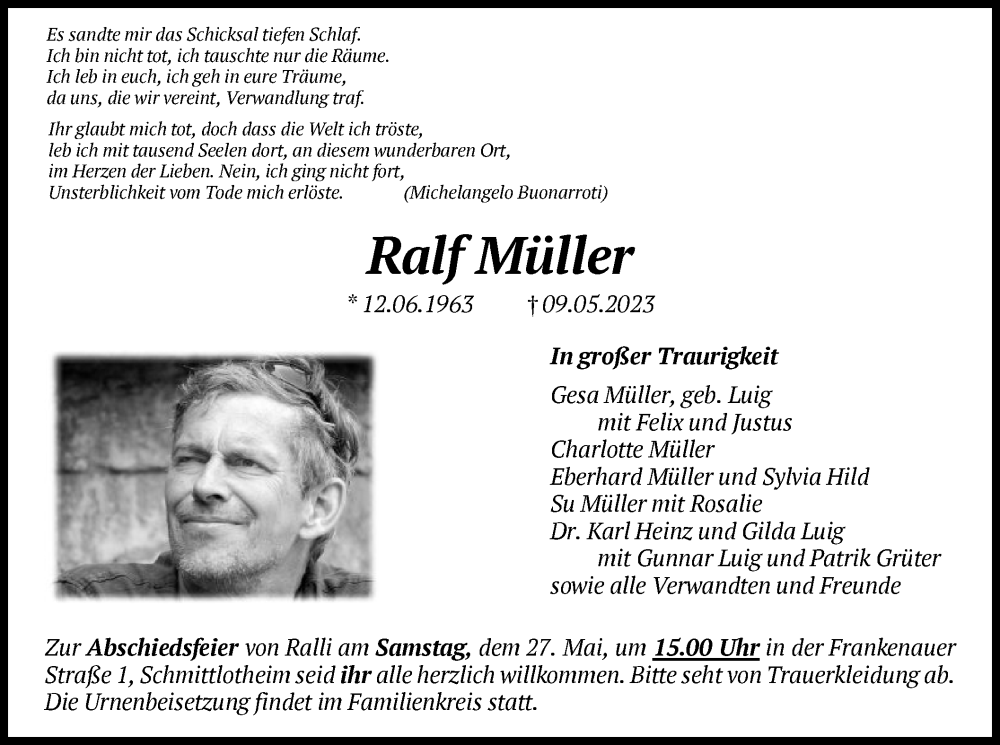  Traueranzeige für Ralf Müller vom 20.05.2023 aus HNA