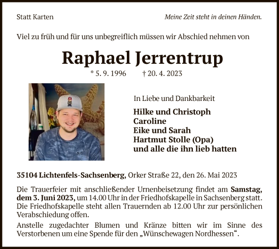 Traueranzeige von Raphael Jerrentrup von WLZ