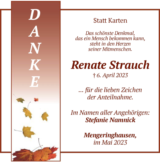 Traueranzeige von Renate Strauch von WLZ