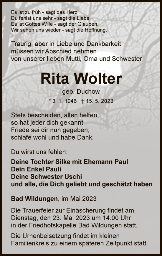 Traueranzeige von Rita Wolter von WLZ