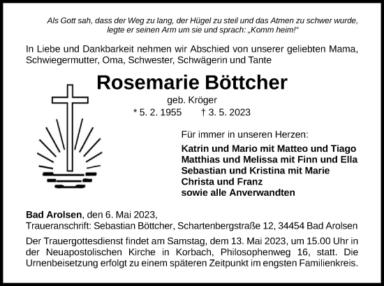 Traueranzeige von Rosemarie Böttcher von WLZ