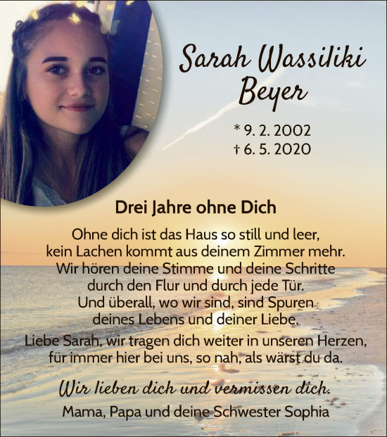 Traueranzeige von Sarah Wassiliki Beyer von WLZ