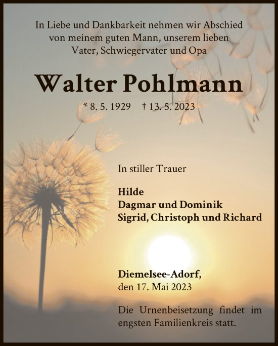 Traueranzeige von Walter Pohlmann von WLZ