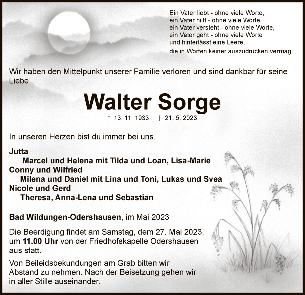  Traueranzeige für Walter Sorge vom 24.05.2023 aus WLZ