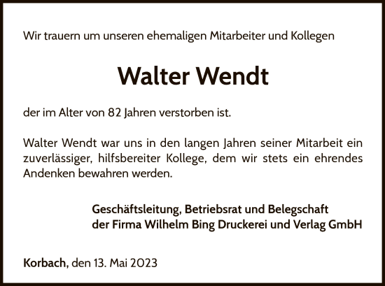 Traueranzeige von Walter Wendt von WLZ