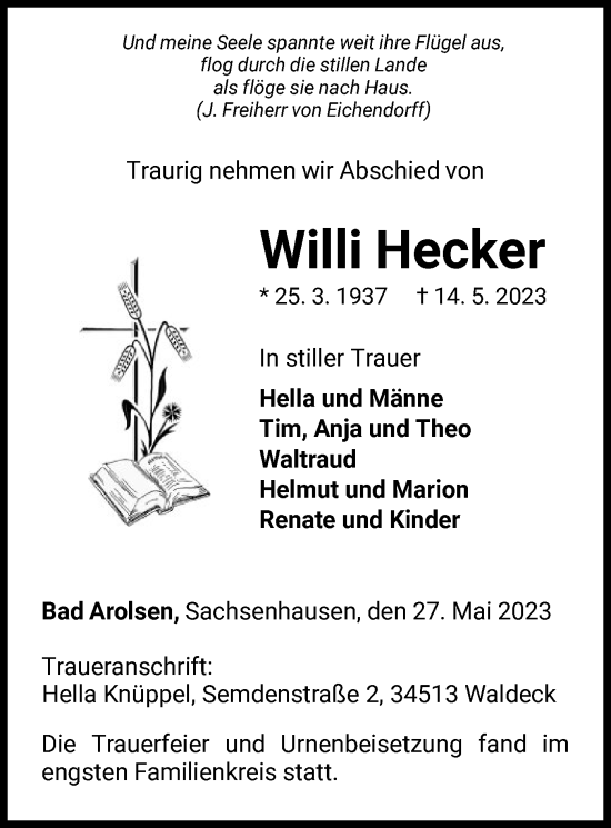 Traueranzeige von Willi Hecker von WLZ