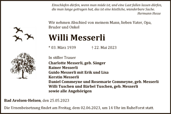 Traueranzeige von Willi Messerli von WLZ