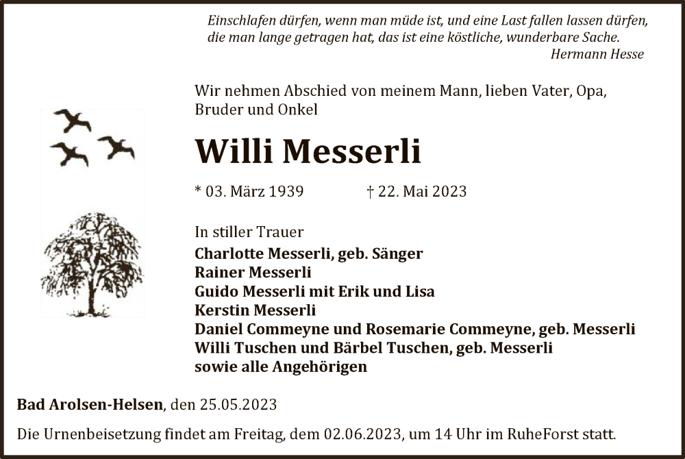  Traueranzeige für Willi Messerli vom 25.05.2023 aus WLZ