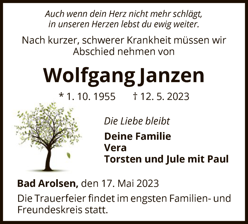  Traueranzeige für Wolfgang Janzen vom 17.05.2023 aus WLZ