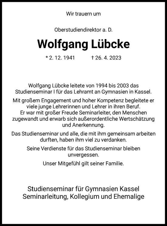 Traueranzeige von Wolfgang Lübcke von HNA