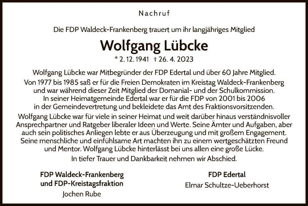  Traueranzeige für Wolfgang Lübcke vom 05.05.2023 aus WLZ