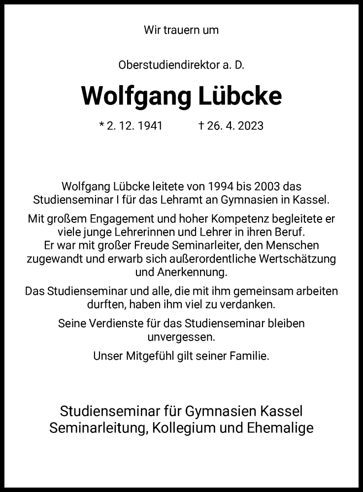  Traueranzeige für Wolfgang Lübcke vom 04.05.2023 aus HNA