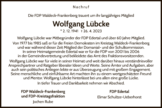 Traueranzeige von Wolfgang Lübcke von WLZ