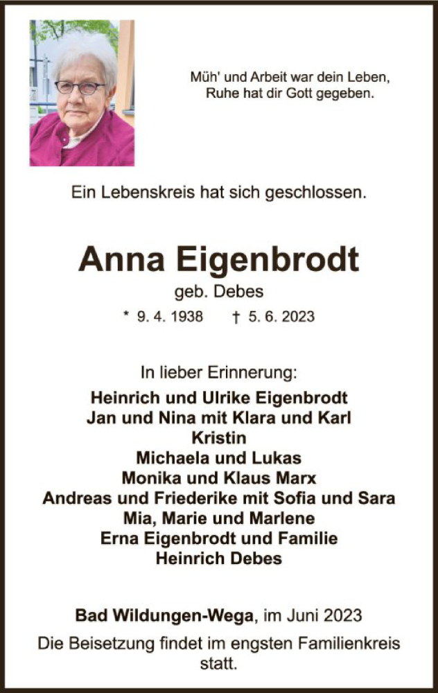  Traueranzeige für Anna Eigenbrodt vom 06.06.2023 aus WLZ