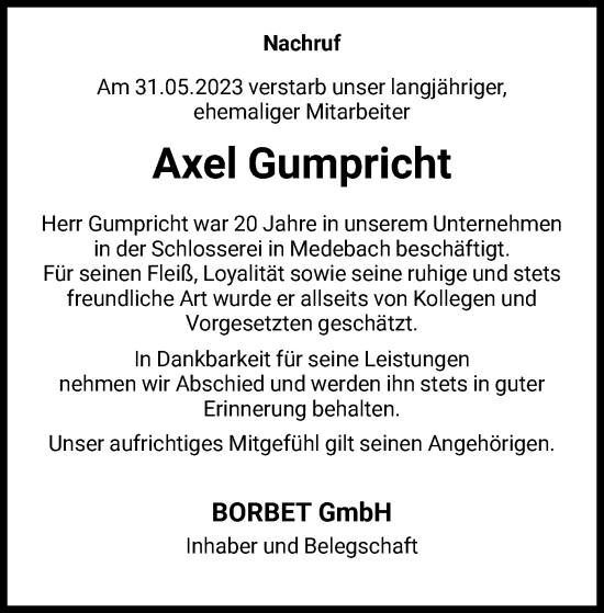 Traueranzeige von Axel Gumpricht von WLZ