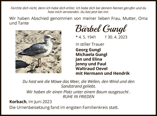 Traueranzeige von Bärbel Gungl von WLZ