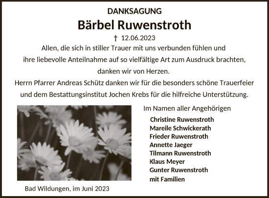 Traueranzeige von Bärbel Ruwenstroth von WLZ
