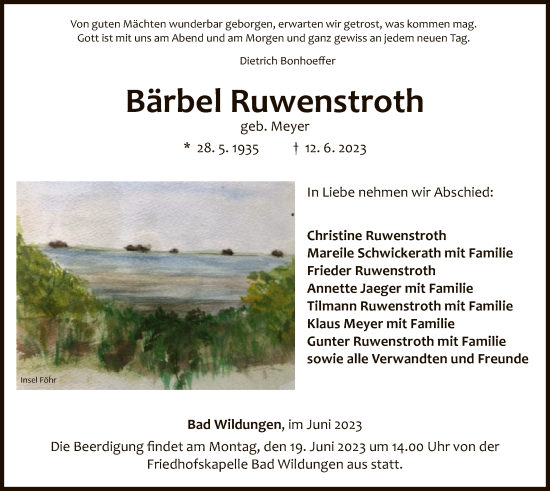 Traueranzeige von Bärbel Ruwenstroth von WLZ