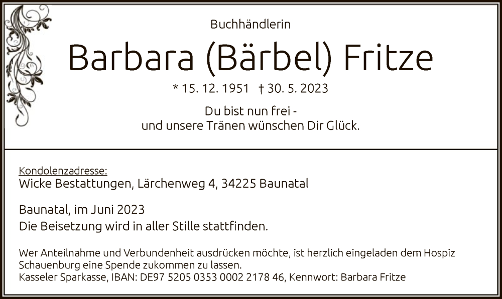  Traueranzeige für Barbara Fritze vom 03.06.2023 aus HNA