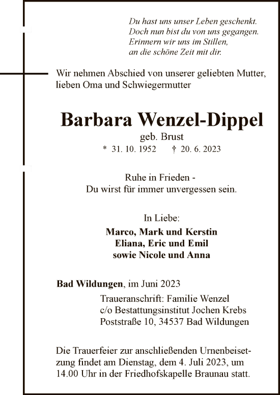 Traueranzeige von Barbara Wenzel-Dippel von WLZ