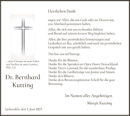 Traueranzeige von Bernhard Kutting von HNA