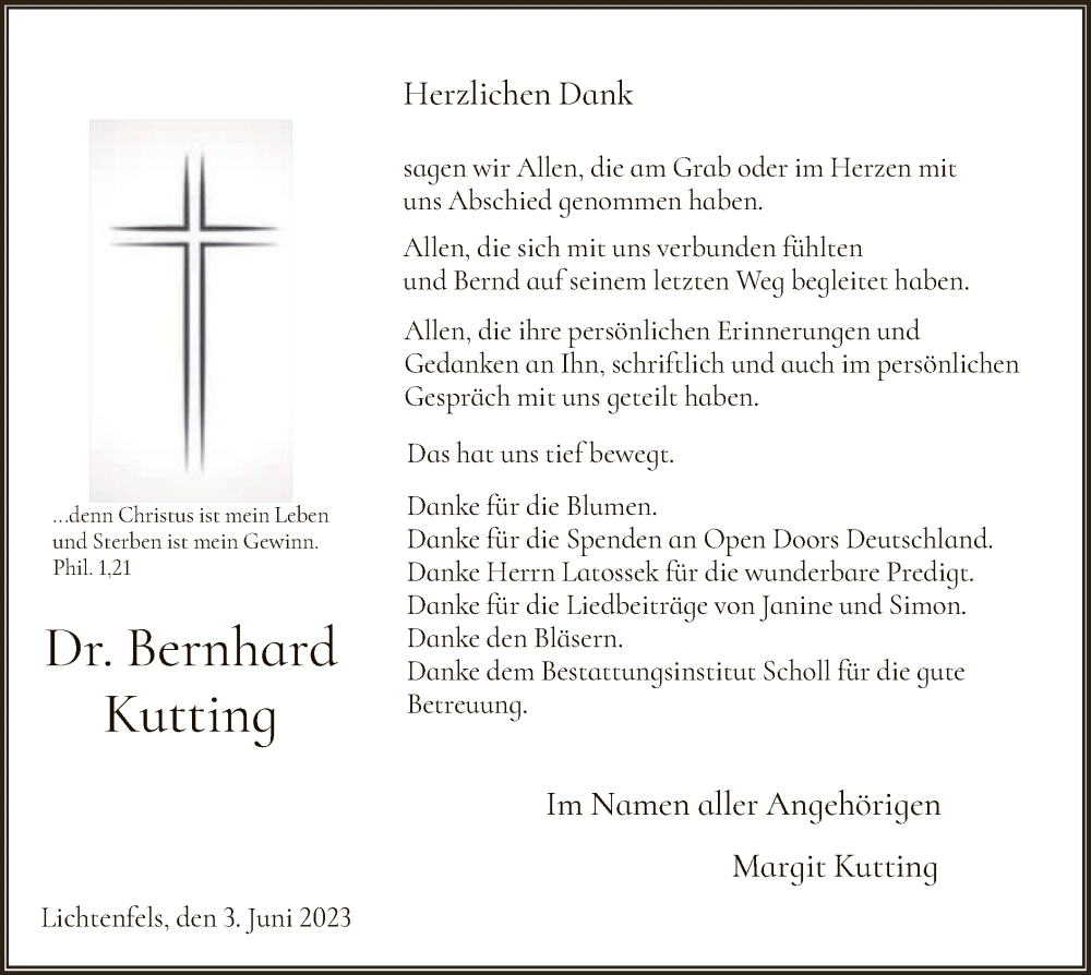  Traueranzeige für Bernhard Kutting vom 03.06.2023 aus HNA