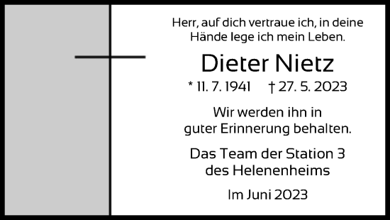 Traueranzeige von Dieter Nietz von WLZ