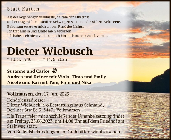 Traueranzeige von Dieter Wiebusch von WLZ