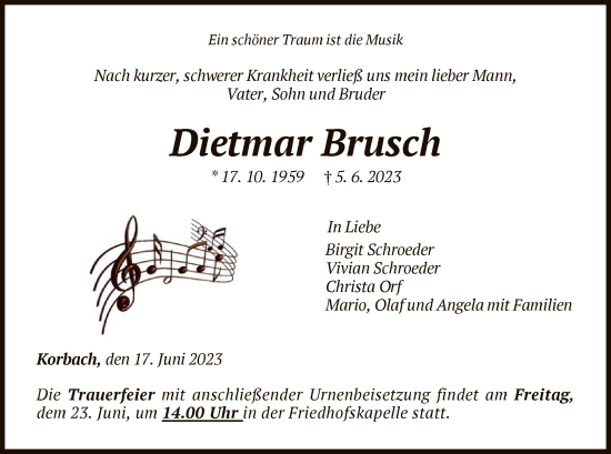 Traueranzeige von Dietmar Brusch von WLZ