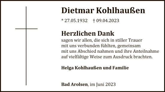 Traueranzeige von Dietmar Kohlhaußen von WLZ