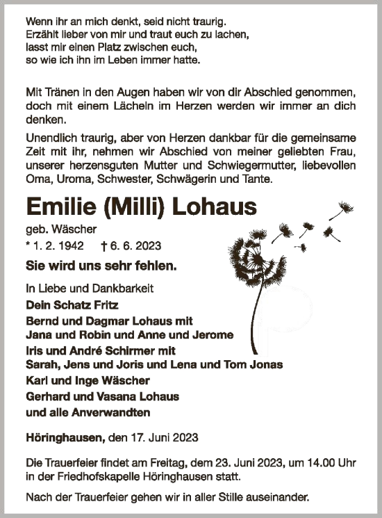 Traueranzeige von Emilie Lohaus von WLZ