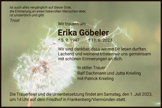 Traueranzeige von Erika Göbeler von HNA