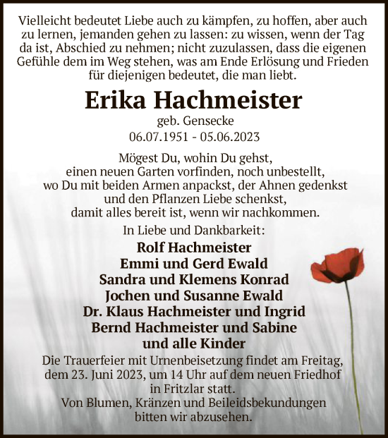 Traueranzeige von Erika Hachmeister von HNA