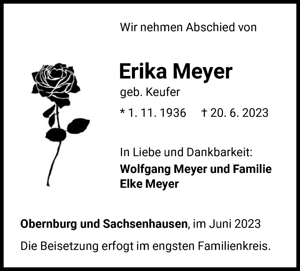 Traueranzeigen von Erika Meyer | trauer.wlz-online.de