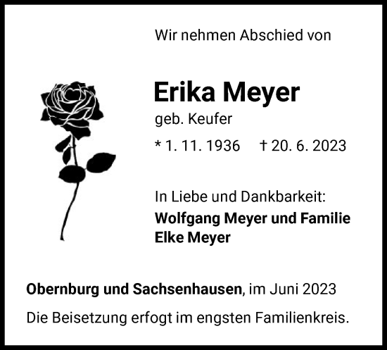 Traueranzeige von Erika Meyer von WLZ