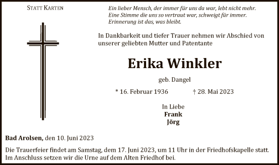 Traueranzeige von Erika Winkler von WLZ