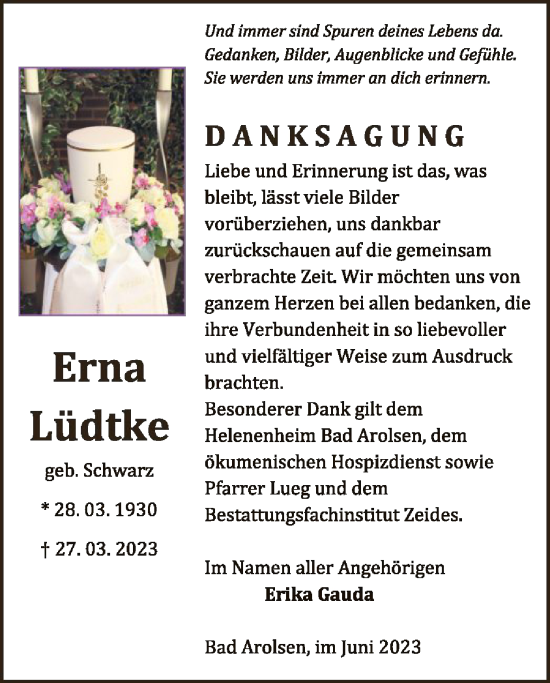 Traueranzeige von Erna Lüdtke von WLZ