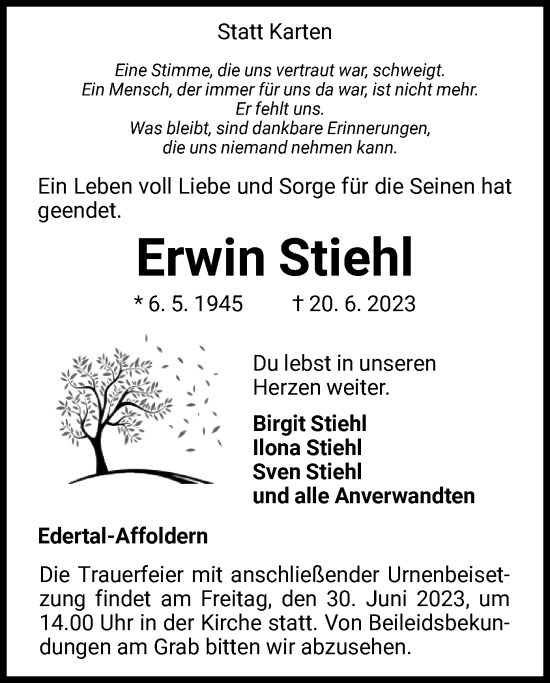 Traueranzeige von Erwin Stiehl von WLZ