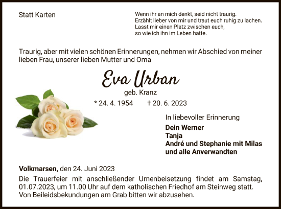 Traueranzeige von Eva Urban von WLZ