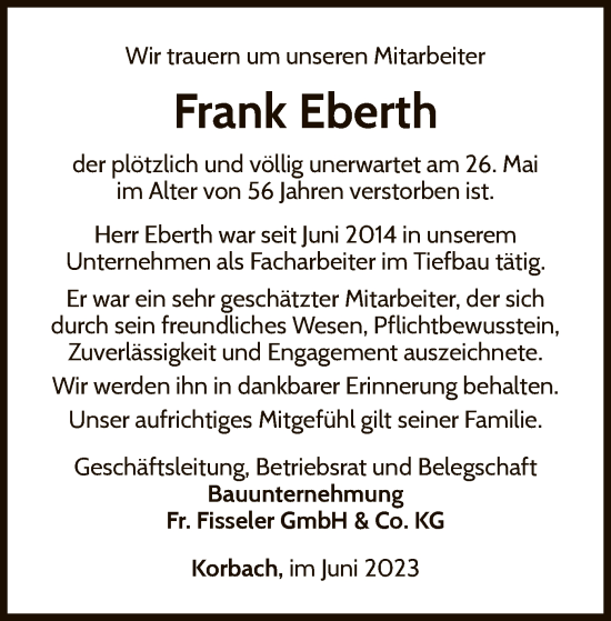 Traueranzeige von Frank Eberth von WLZ