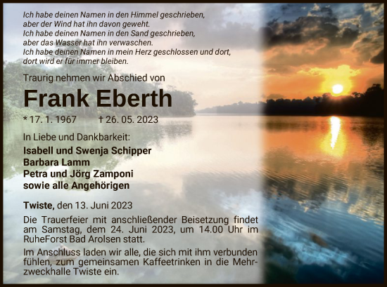 Traueranzeige von Frank Eberth von WLZ