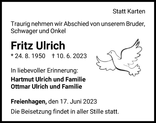 Traueranzeige von Fritz Ulrich von WLZ