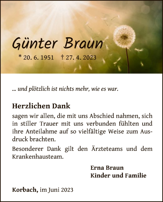 Traueranzeige von Günter Braun von WLZ