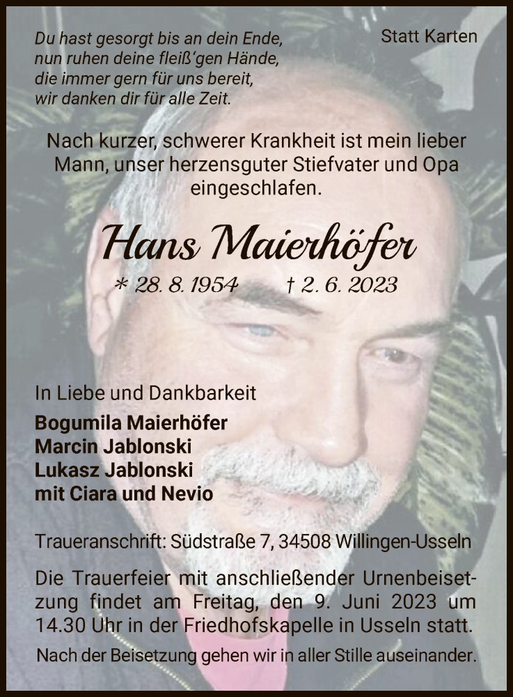  Traueranzeige für Hans Maierhöfer vom 06.06.2023 aus WLZ