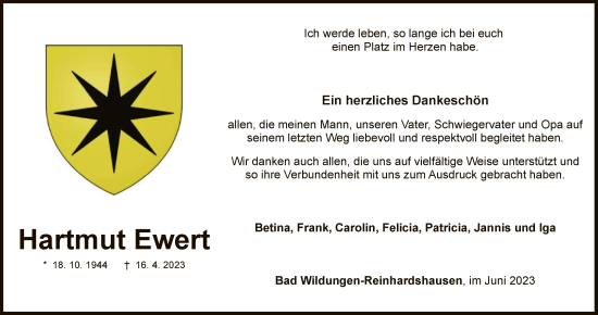 Traueranzeige von Hartmut Ewert von WLZ