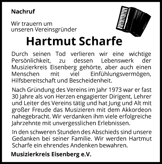 Traueranzeige von Hartmut Scharfe von WLZ