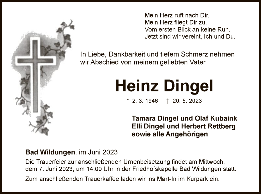  Traueranzeige für Heinz Dingel vom 03.06.2023 aus WLZ